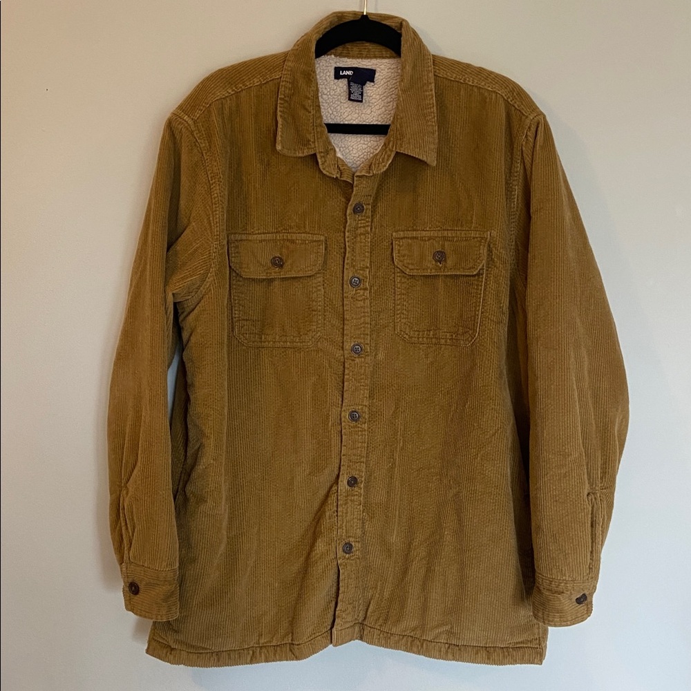 Lands' End Men's Brown Sherpa Lined Corduroy Shirt Jacket Barn Coat Chore Coat